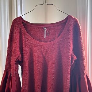Anthropologie Smocked Bell-Sleeve Top Burgandy/Wine